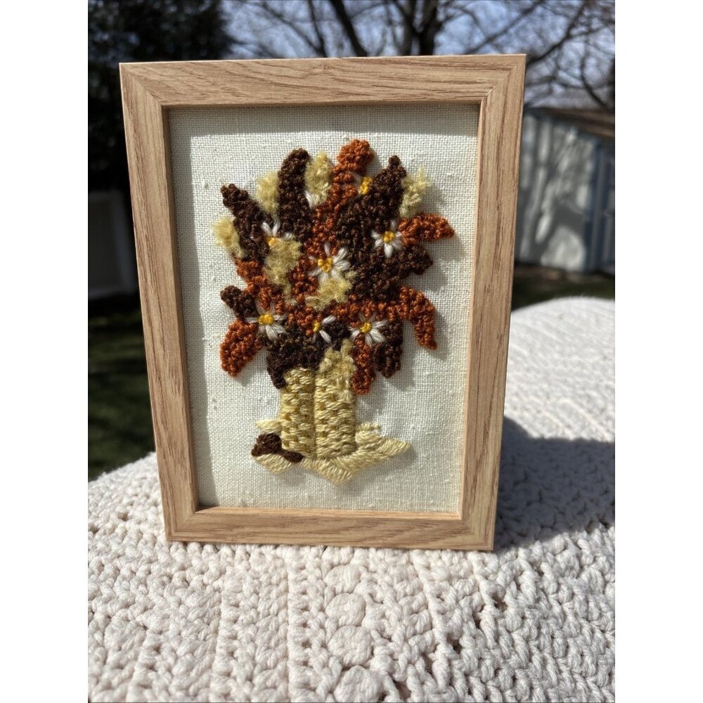 Vintage Hand Crewel Flowers in pot On Linen Wood Frame 8 X 6 Brown yellow 2